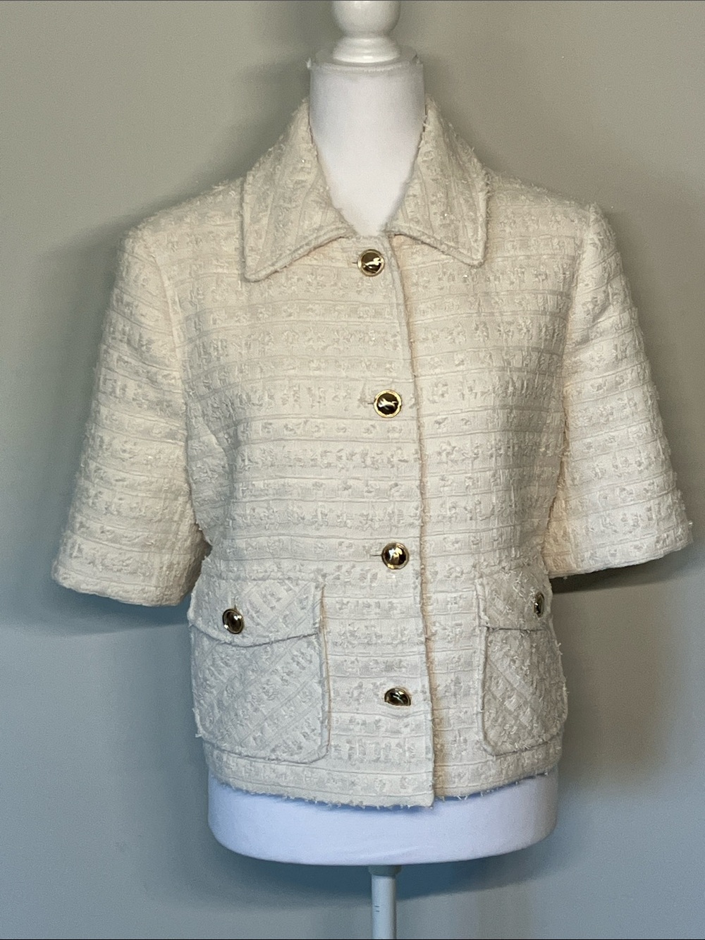 Chico’s "Tweed" Jacket 3/4 Sleeve Cream Coat Gold Buttons Size 2 Womens Size L